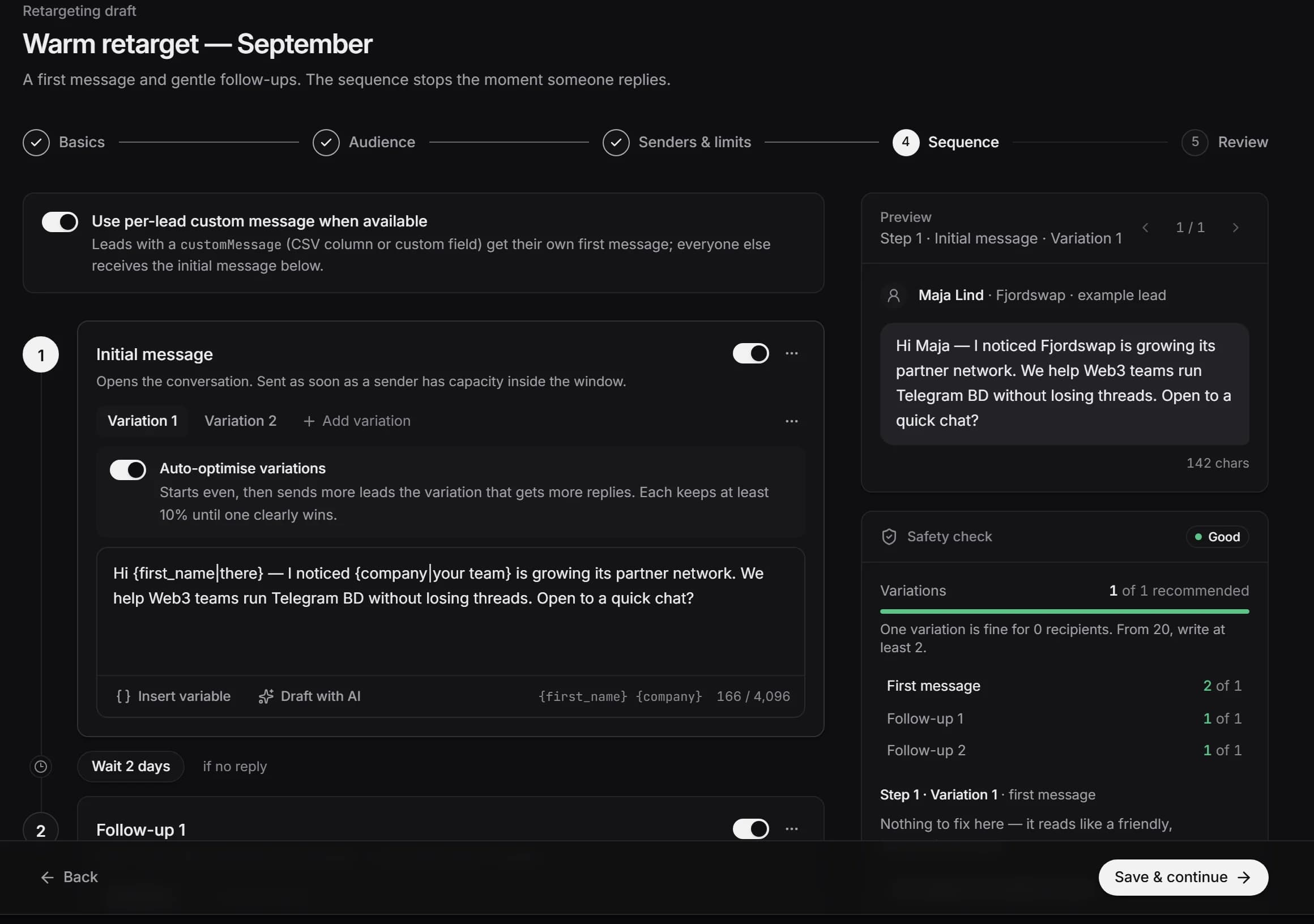 Hilsen’s campaign builder on the Sequence step of a retargeting draft: an initial message with first name and company variables, two variations with auto-optimise switched on, a live preview for an example lead and the safety check.