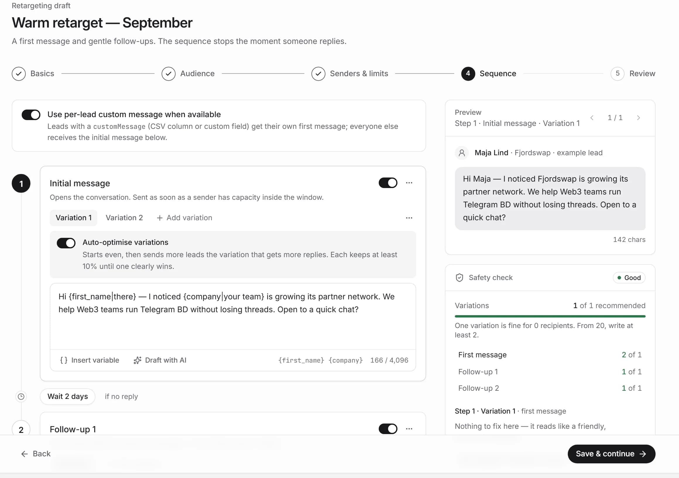 Hilsen’s campaign builder on the Sequence step of a retargeting draft: an initial message with first name and company variables, two variations with auto-optimise switched on, a live preview for an example lead and the safety check.