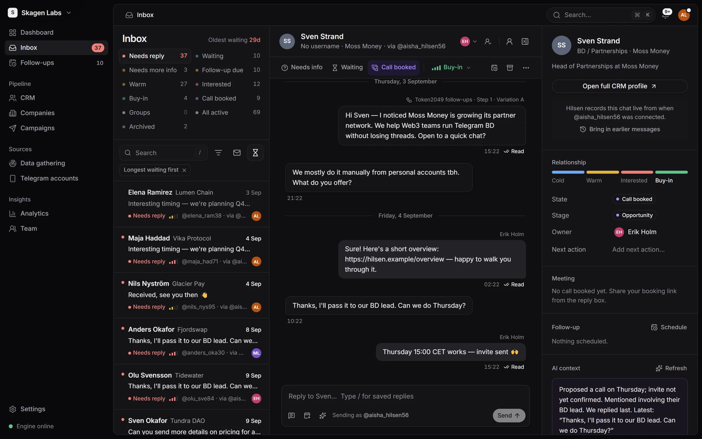 The Hilsen Inbox: 37 conversations need a reply across three Telegram accounts, sorted longest waiting first. The open thread with Sven Strand of Moss Money shows a campaign message, his reply, a teammate’s answer and a Thursday call booked, next to his CRM profile and an AI summary.