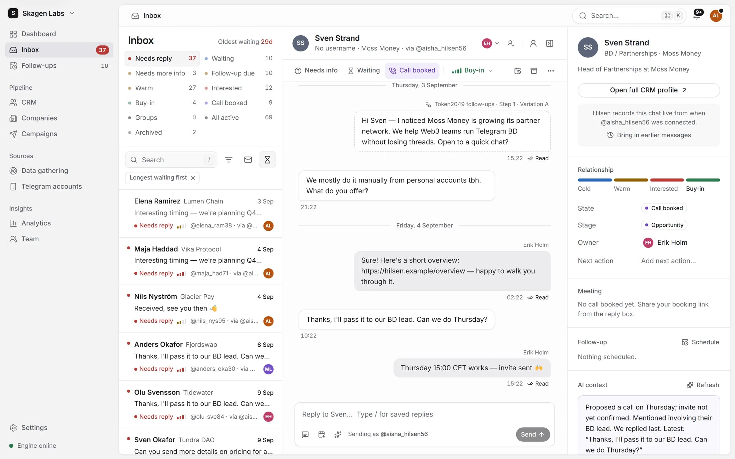 The Hilsen Inbox: 37 conversations need a reply across three Telegram accounts, sorted longest waiting first. The open thread with Sven Strand of Moss Money shows a campaign message, his reply, a teammate’s answer and a Thursday call booked, next to his CRM profile and an AI summary.