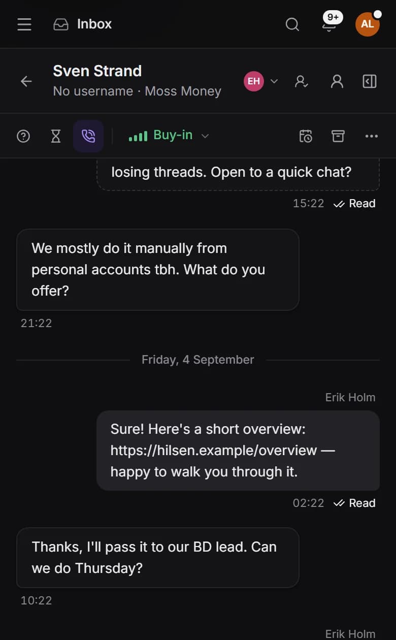 The Hilsen Inbox: 37 conversations need a reply across three Telegram accounts, sorted longest waiting first. The open thread with Sven Strand of Moss Money shows a campaign message, his reply, a teammate’s answer and a Thursday call booked, next to his CRM profile and an AI summary.