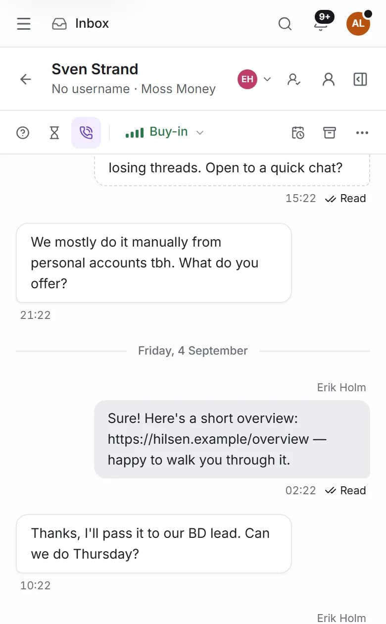 The Hilsen Inbox: 37 conversations need a reply across three Telegram accounts, sorted longest waiting first. The open thread with Sven Strand of Moss Money shows a campaign message, his reply, a teammate’s answer and a Thursday call booked, next to his CRM profile and an AI summary.